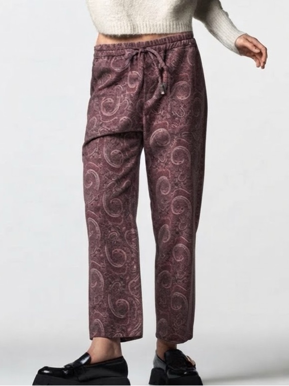 Zara| Plum & Burgundy Paisley Straight-Leg High Waist Drawstring Pants Sz M